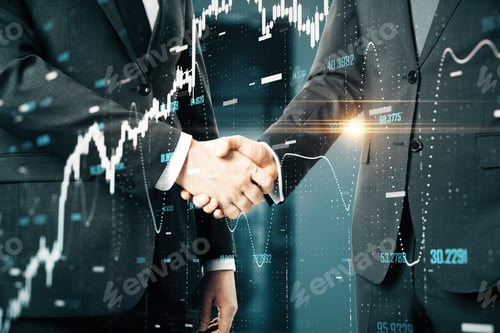 Preview: Businesspeople Shaking Hand And Glowing Abstract Financial Chart. Occupation And Worker Concept.
