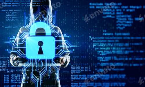 Preview: Coding And Web Concept. Hacker With Abstract Padlock And Coding Text On Blurry Background
