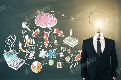 Preview: Light Bulb Headed Businessman With Business Sketch. Idea And Brainstorm Concept