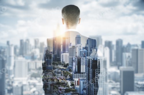 Preview: Back View Of Young Businessman On Blurry Bright City Background. Research And Vision Concept