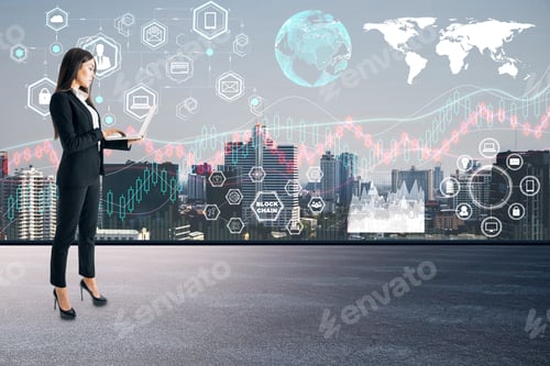 Preview: Attractive Young European Businesswoman Standing On Rooftop With Digital Business Interface