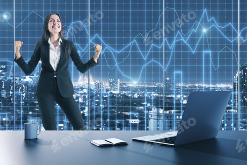Preview: Attractive Young Businesswoman Celebrating Success In Modern Office Interior With Laptop, Coffee