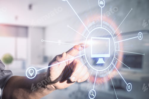 Preview: Business Cloud Computing With Man Hand Touching Digital Screen With Computer Icon In Technological