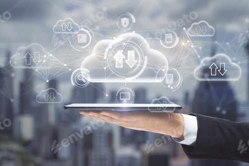 Preview: Close Up Of Hand Holding Tablet With Abstract Glowing Cloud Computing Hologram With Downloadupload