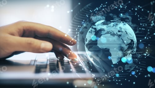 Preview: Close Up Of Man Hand Using Laptop Computer With Glowing Money Transfer Globe On Blurry Background