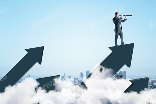 Preview: Businessman Standing On Abstract Arrow And Using Telescope To Look Into The Distance On City