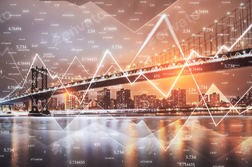 Preview: Creative City Background With Forex Chart And Numbers. Trade And Finance Concept. Double Exposure