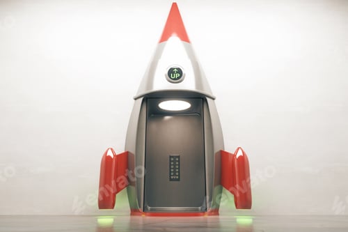 Preview: Success Concept With Open Rocket Elevator On Concrete Wall. 3D Render