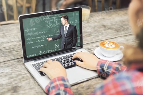 Preview: Close Up Of Young Casual Female Hands Using Laptop Keyboard At Wooden Cafe Table With Coffee Cup