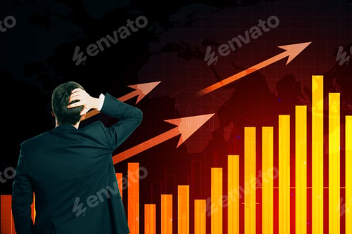 Preview: Stressed Businessman Looking At Glowing Yellow Business Chart With Arrows And Map. Trade And Growth