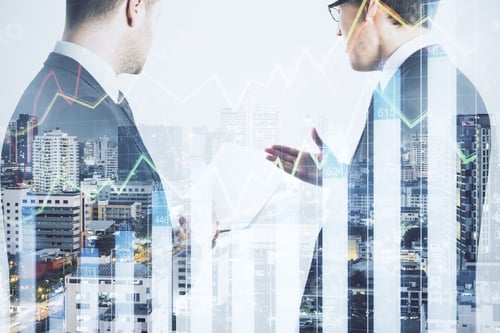 Preview: Two Businessmen Analyze Business Report With Forex Charts On City Background. Trade And Teamwork