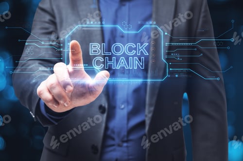 Preview: Close Up Of Hand Clicking Creative Blockchain Hologram On Blurry Bokeh Background. Cryptocurrency