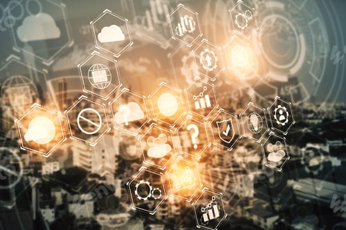 Preview: Abstract Business Hologram On City Background. Analytics Concept. Double Exposure