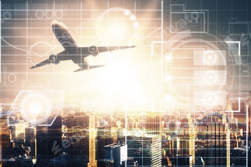 Preview: Plane On City Background With Digital Business Chart Interface And Sunlight. Technology Concept