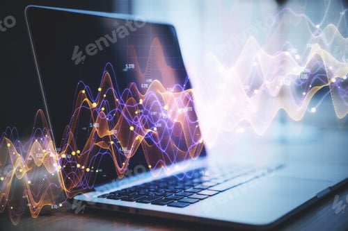 Preview: Laptop On Desktop With Abstract Forex Chart Hologram On Blurry Background. Analytics And Trade