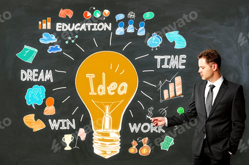 Preview: Attractive Young European Businessman With Creative Business Sketch On Wall. Education, Technology