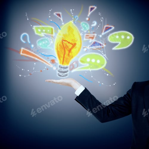 Preview: Businessman'S Hand Holding Creative Drawn Light Bulb With Communication Icons. Idea Concept