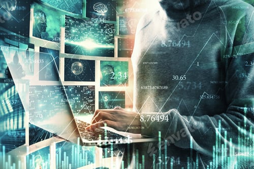 Preview: Unrecognizable Hacker Using Laptop Computer With Abstract Digital Business Picture Interface