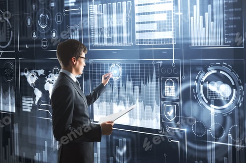 Preview: Businessman Using Laptop With Digital Business Interface. Future, Innovation And Media Concept