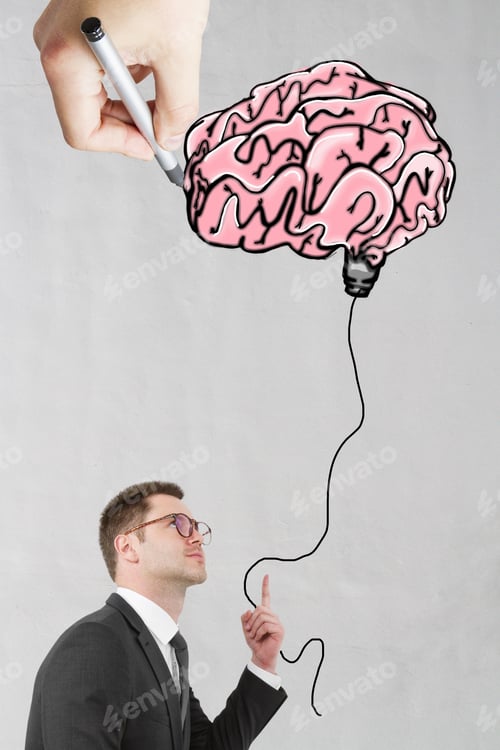 Preview: Businessman Holding Abstract Human Brain Lamp Balloon Drawn By Man On Light Background