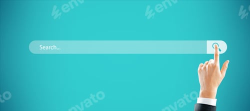 Preview: Man Hand Pointing At Creative Website Search Bar On Blue Background. Internet And Browse Concept