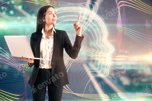 Preview: Artificial Intelligence And Machine Learning Concept With Businesswoman With Laptop On Virtual Wall