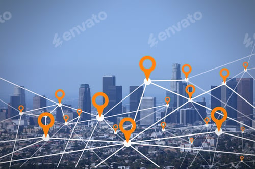 Preview: Creative Dawn City And Sky Background With Digital Map Pointer Connections And Mock Up Place For