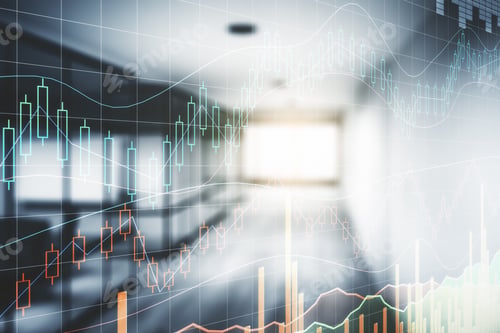 Preview: Forex Chart On Blurry Office Interior Background. Finance And Analysis Concept. Double Exposure