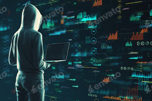 Preview: Hacker Using Laptop With Glowing Digital Business Interface On Blurry Background. Hacking And