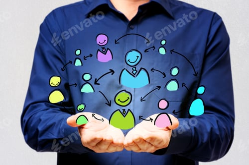 Preview: Communications And Social Network Concept With Man Opened Palms And Vistual Handwritten Colorful