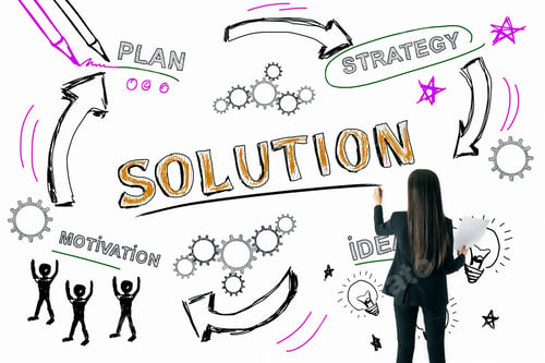 Preview: Solution, Finance And Marketing Concept. Businesswoman Drawing Creative Business Sketch On White