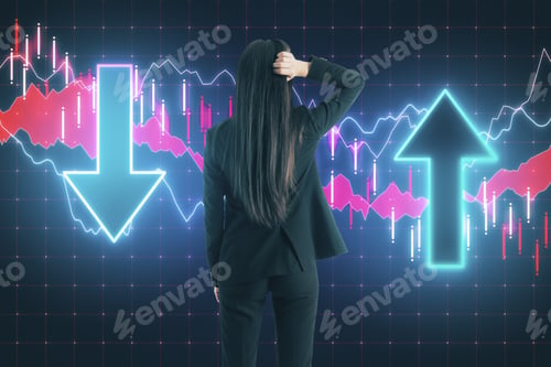 Preview: Businessman Looking On Glowing Stock Analytics With Arrow On Virtual Screen. Global Business And