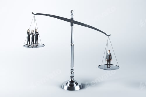 Preview: Businesswomen And Businessman Standing On Scales On White Background. Business And Teamwork Concept.