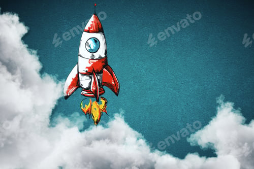 Preview: Drawn Rocket On Blue Background With Clouds. Startup And New Business Concept