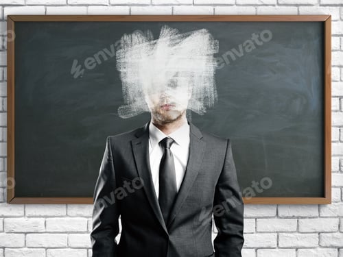 Preview: Abstract Businessman With Erased Head On White Brick Background With Chalkboard. Confused Concept