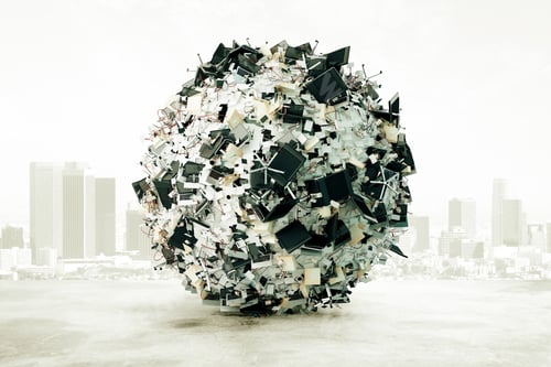 Preview: A Ball Of Office Accessories At City Background, Overworked Concept