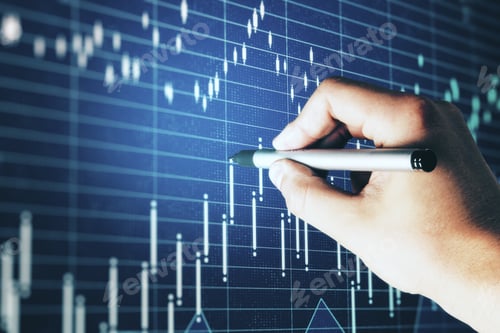 Preview: Businessman Hand Drawing Creative Forex Chart With Candlestick Graph. Business And Financial