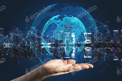 Preview: Close Up Of Hand Holding Creative Glowing Globe With Polygonal Connections On Blurry Blue Night