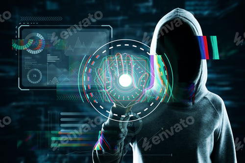 Preview: Hacker In Hoodie Using Scanner On Abstract Glowing Business Hologram Interface On Dark Background