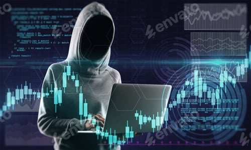 Preview: Hacker In Hoodie Holding Laptop With Glowing Forex Chart. Attack And Stats Concept. Multiexposure