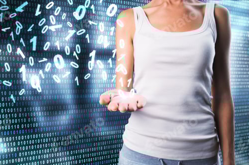 Preview: Unrecognizable Casual Woman Holding Abstract Binary Code. Technology And Software Concept
