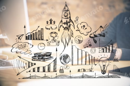 Preview: Hands Using Keyboard On Desktop With Business Sketch With Charts And Flying Rocket. Double Exposure