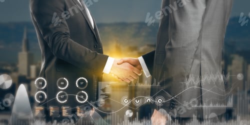 Preview: Close Up Of Men Shaking Hands In City With Creative Business Chart Hologram On Blurry Background