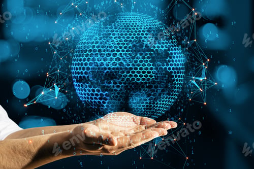 Preview: Close Up Of Male Hand Holding Abstract Globe Sphere With Coding And Polygonal Network. Future And