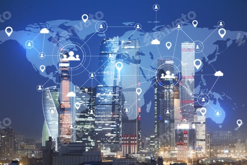 Preview: Remote Work Interface With World Map On City Background. Remote Access Chain Communication Concept.