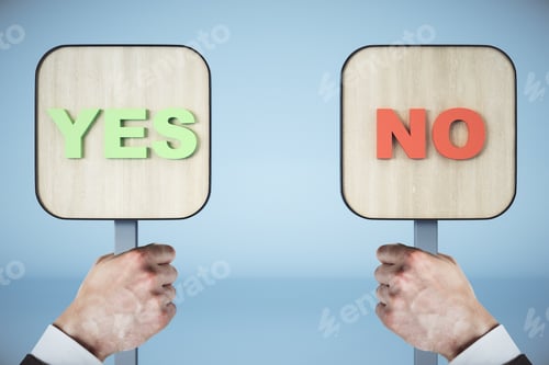 Preview: Businessman Hands Holding Yes And No Sign On Blue Background. Business And Choice Concept
