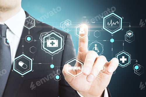 Preview: Businessman Pushing Creative Glowing Medical Interface Hud Hologram. Medicine And Science Concept