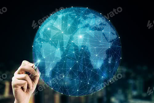 Preview: Hand Pointing At Creative Glowing Polygonal Globe On Blurry Night City Background Background. Ai