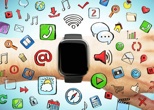 Preview: Smart Watch With Social Media Icons On A Blue Background, Concept