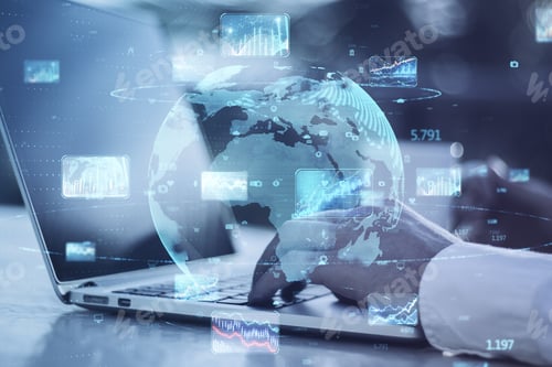 Preview: Close Up Of Hands Using Laptop Computer At Desktop With Abstract Globe, Forex Charts And Graphs On